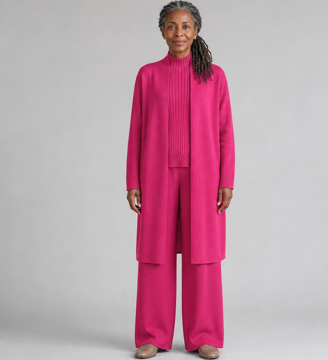 Aurelie | Pitkä avoin takki, ribbitoppi ja leveät housut