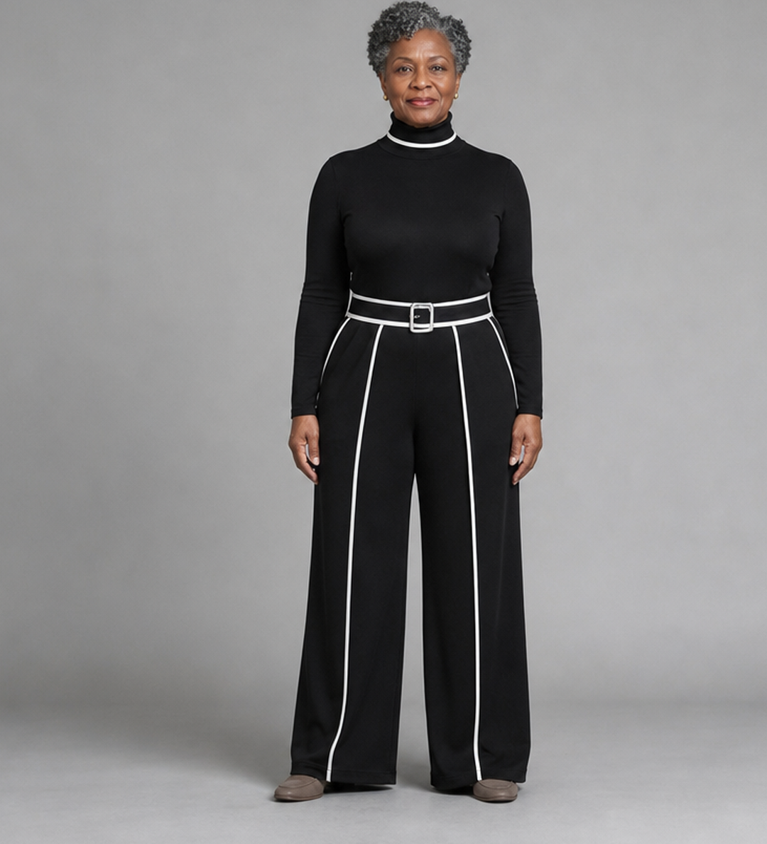Kassandra | Pystykauluksinen neulepaita ja leveät housut