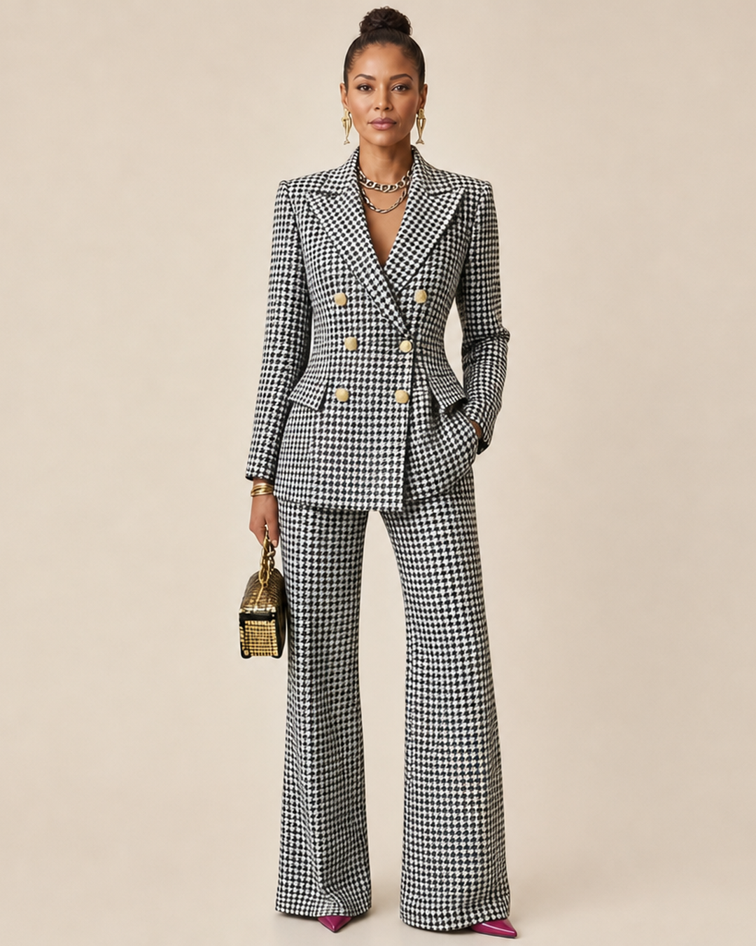 Karen | Tyylikäs ruudullinen kaksiosainen tweed-asu