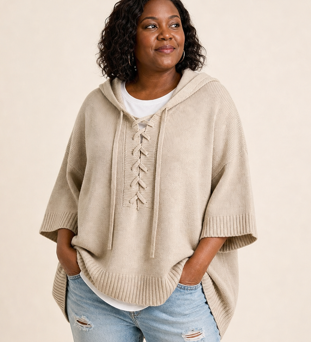 Heather | Neulottu hupullinen poncho