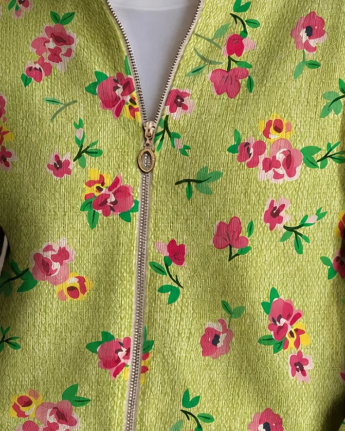 Constance | Kukkakuvioinen vetoketjuneuletakki, lime ja pinkki