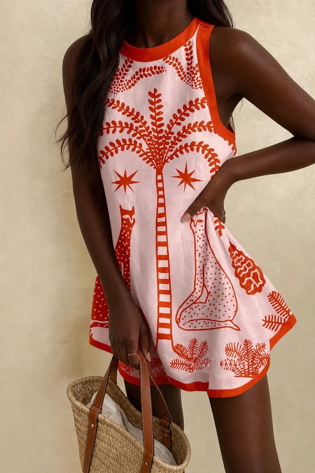 Kenya | Punainen palmu- ja leopardikuvioinen kesämekko