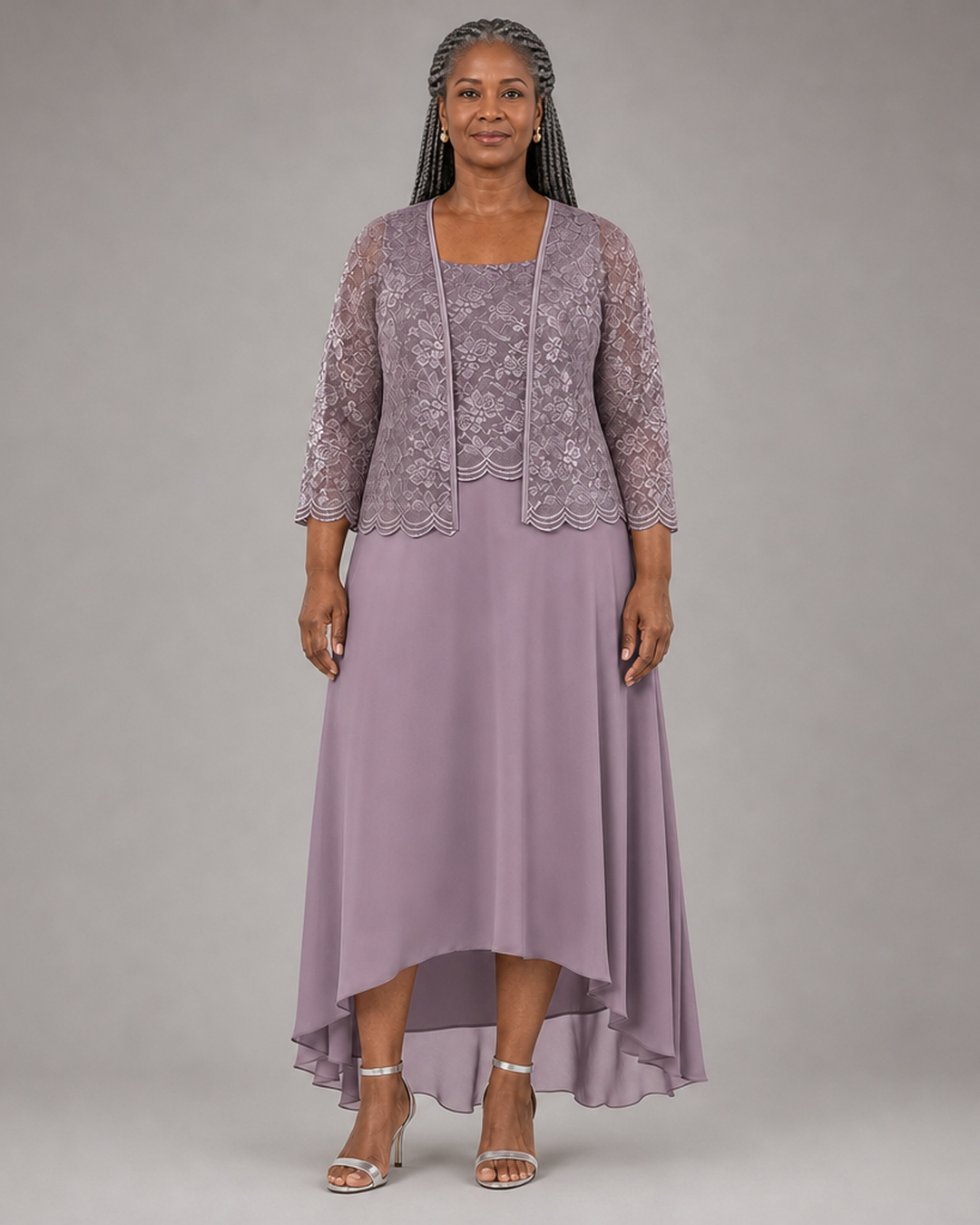 Elegant | Pitsi- ja sifonkimidimekko jakulla häävieraalle
