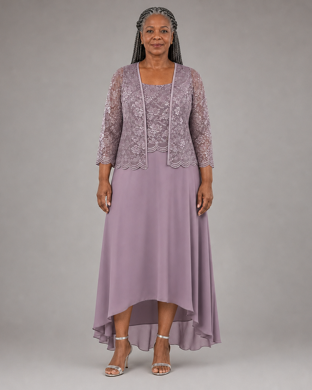 Elegant | Pitsi- ja sifonkimidimekko jakulla häävieraalle