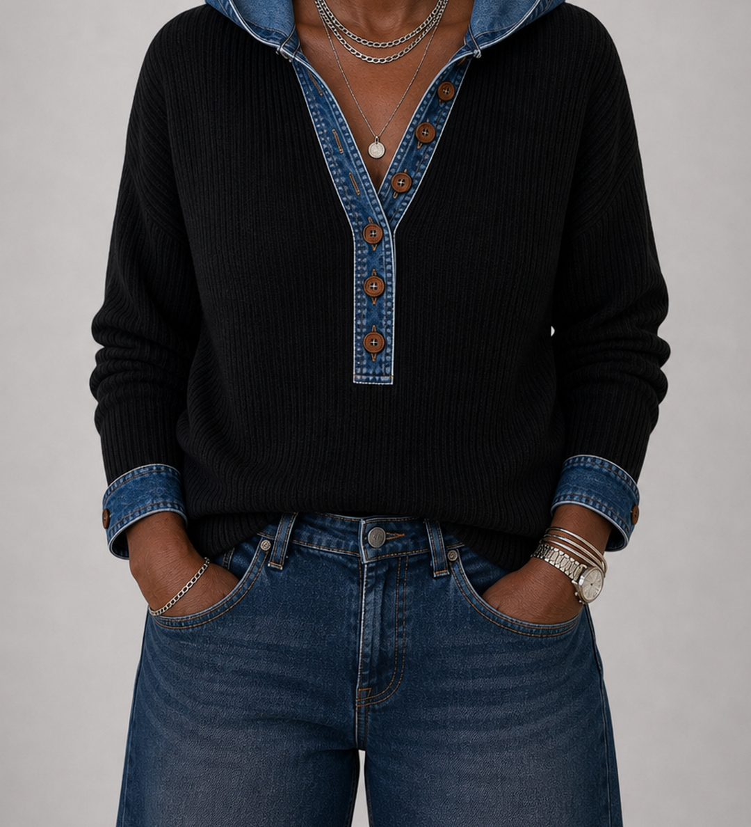 Winnow | Hupullinen henley-neule farkkuyksityiskohdin