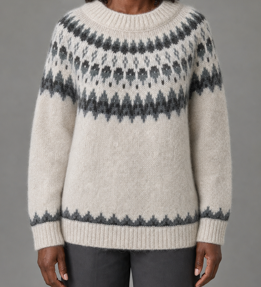 Theodora | Harmaa paksu alpakkasekoite fair isle -neule
