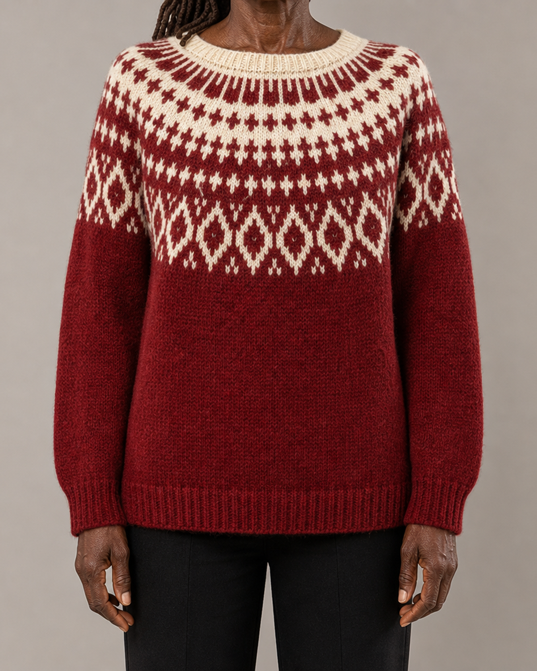Priscilla | Viininpunainen vintage fair isle -neulepusero