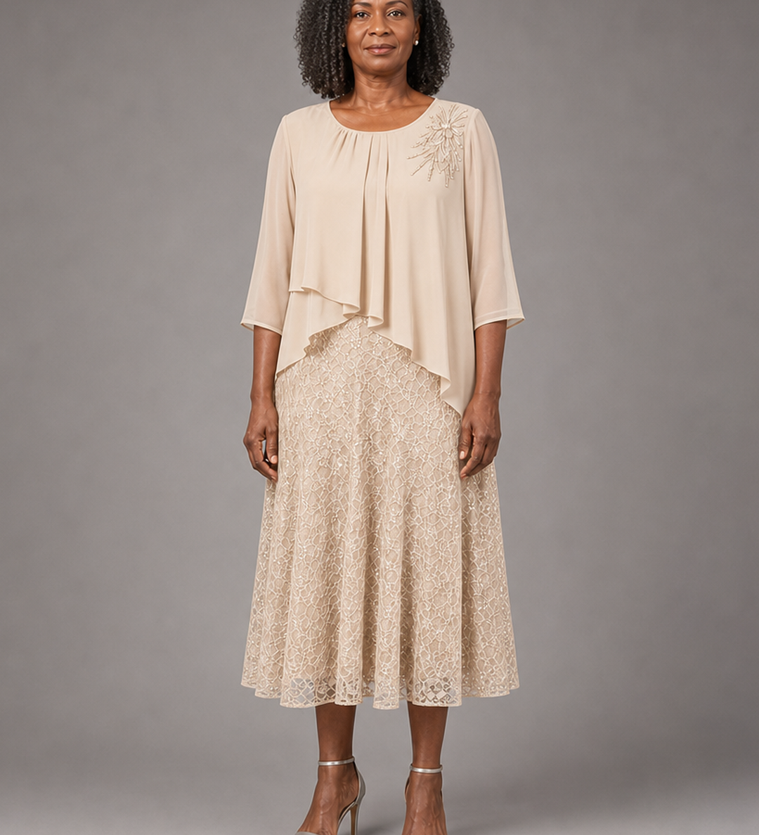 Lace | Morsiamen äidin sifonkimekko pitsikerroksella