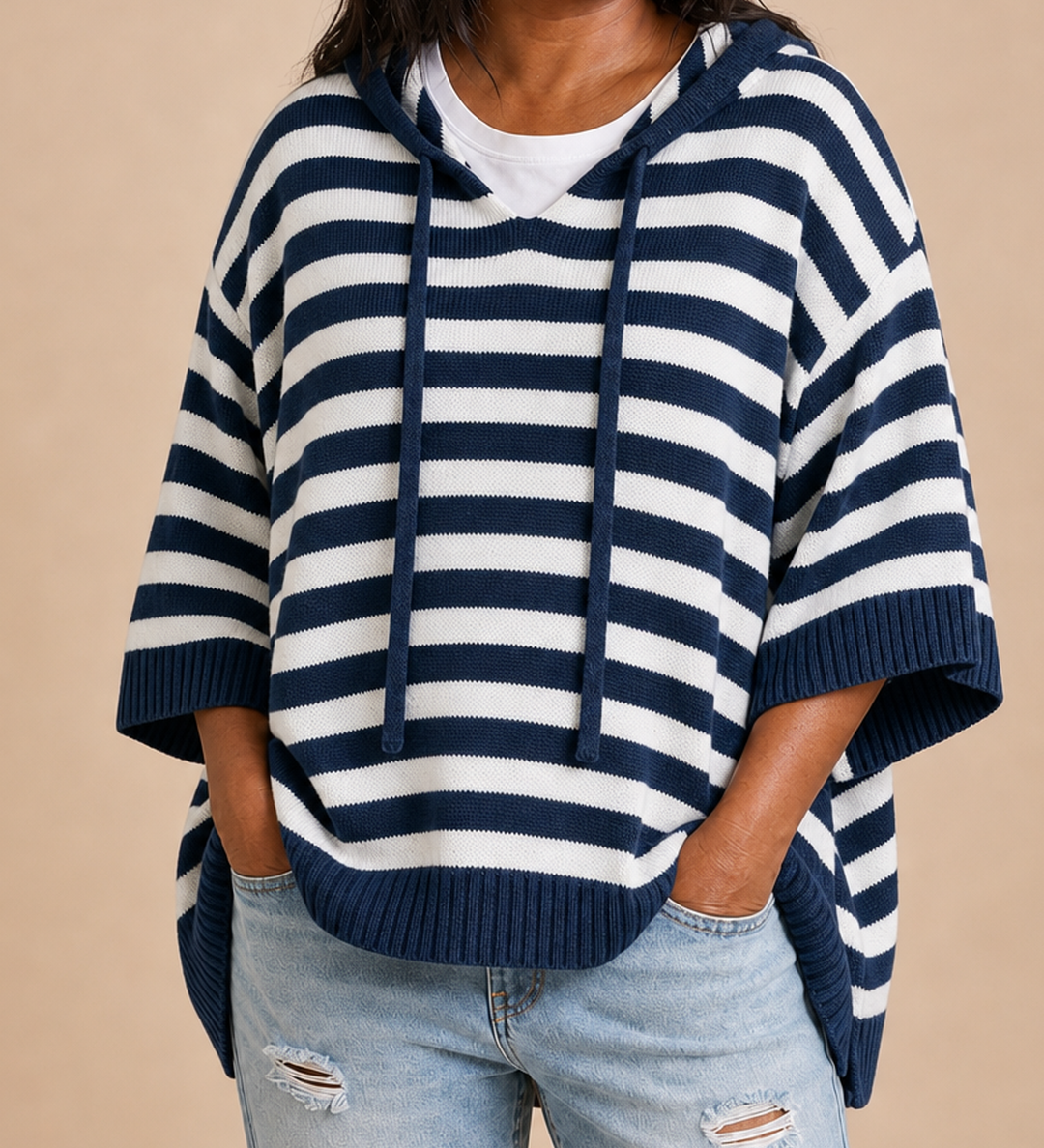 Dixie | Raidallinen neulottu hupullinen poncho