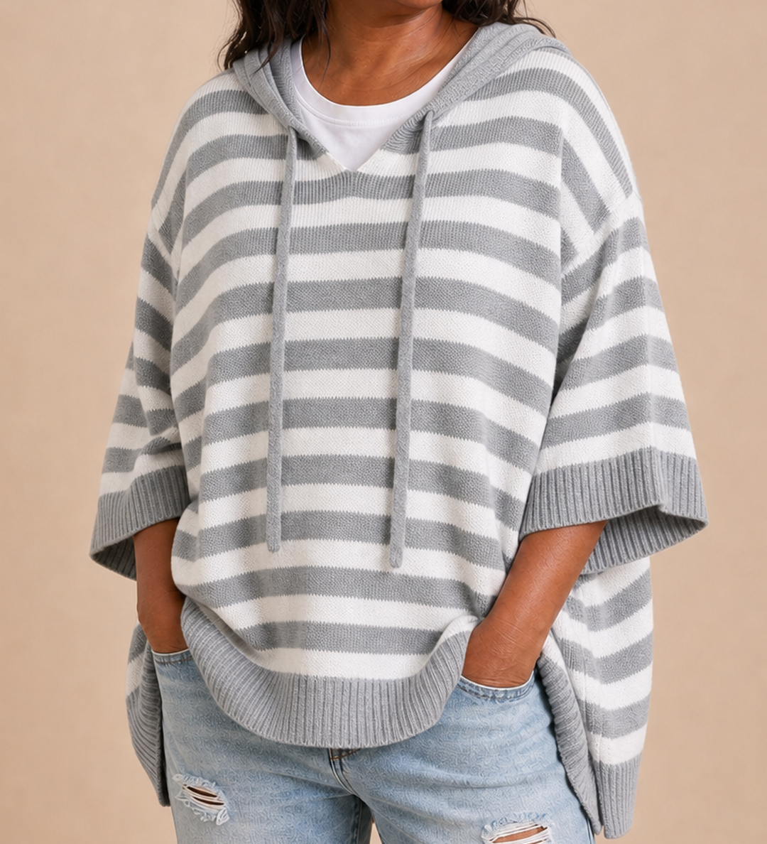Dixie | Raidallinen neulottu hupullinen poncho
