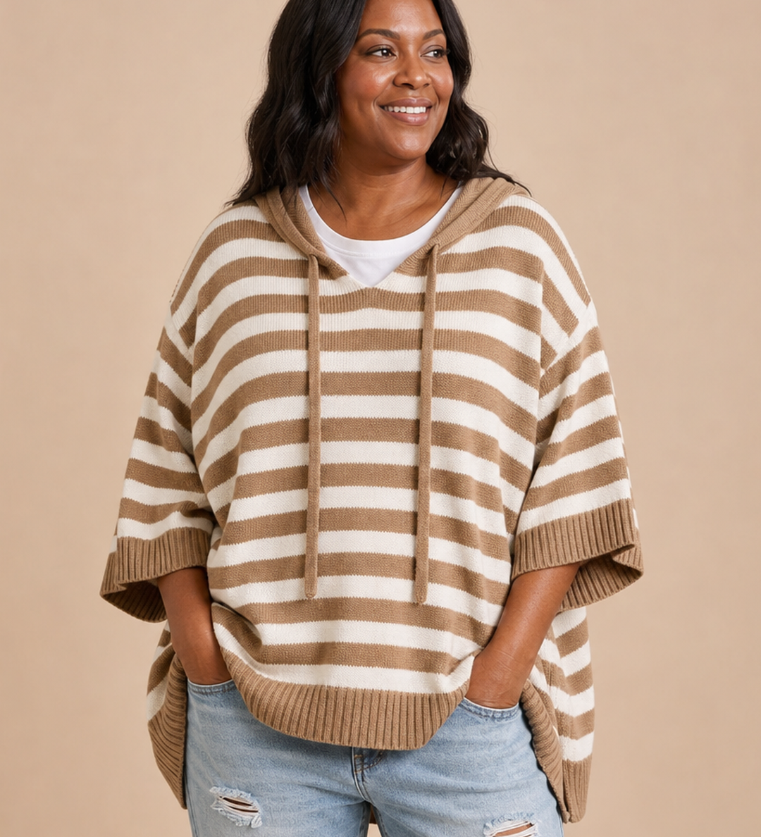 Dixie | Raidallinen neulottu hupullinen poncho