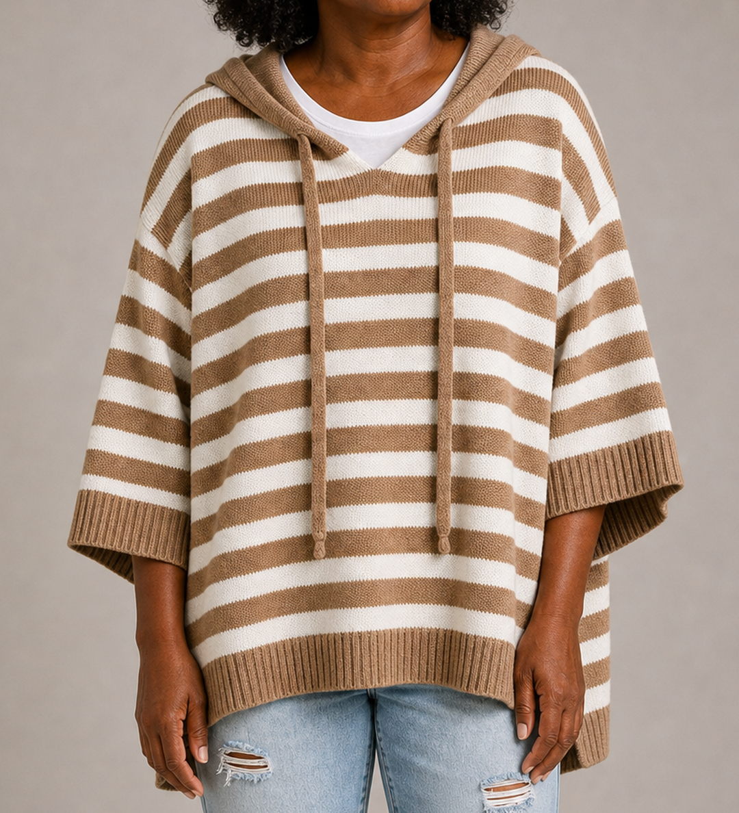 Dixie | Raidallinen neulottu hupullinen poncho