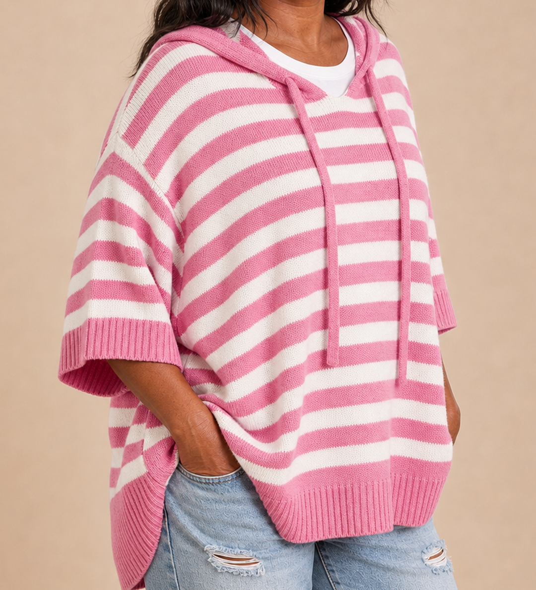 Dixie | Raidallinen neulottu hupullinen poncho