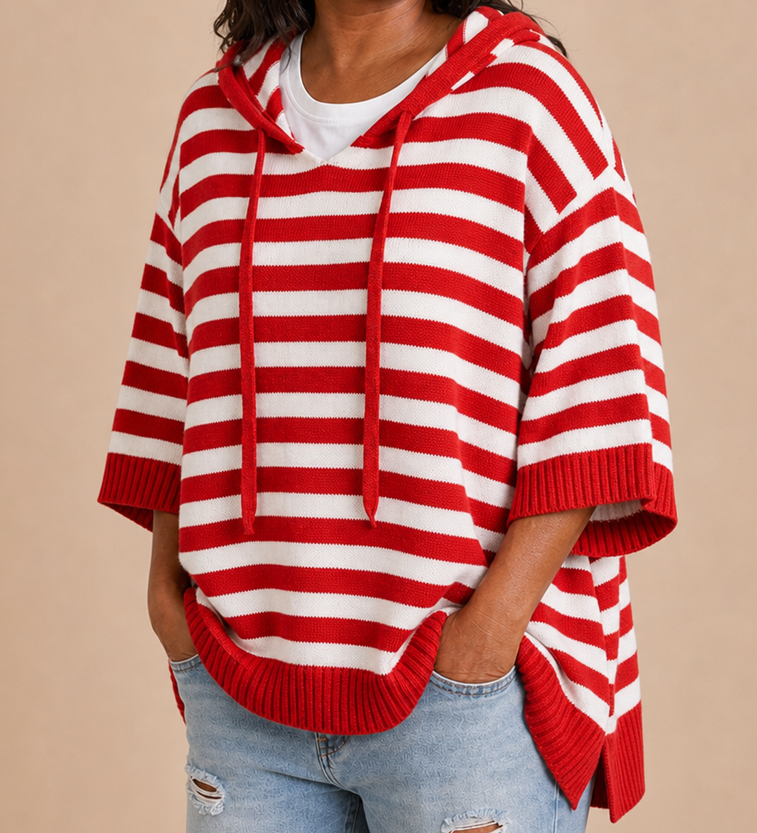 Dixie | Raidallinen neulottu hupullinen poncho