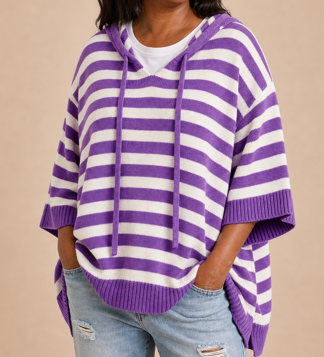 Dixie | Raidallinen neulottu hupullinen poncho