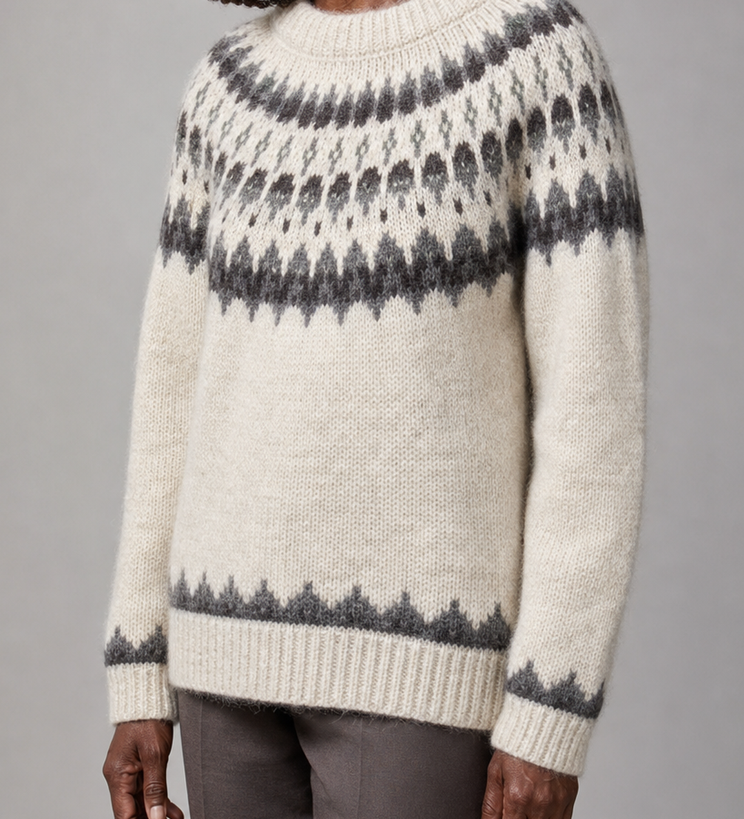 Theodora | Harmaa paksu alpakkasekoite fair isle -neule
