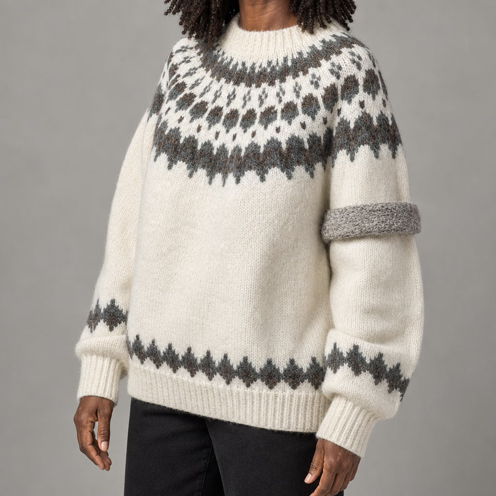 Ursula | Luonnonvalkoinen paksu alpakkasekoite fair isle -neule