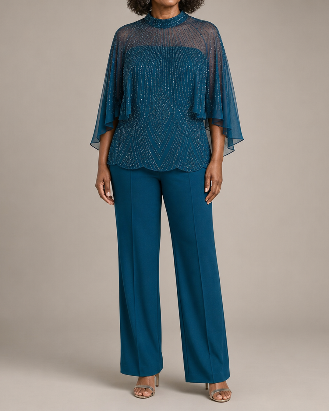 Sequin | Paljettihousupuku verkkoviitalla ja korkealla kauluksella