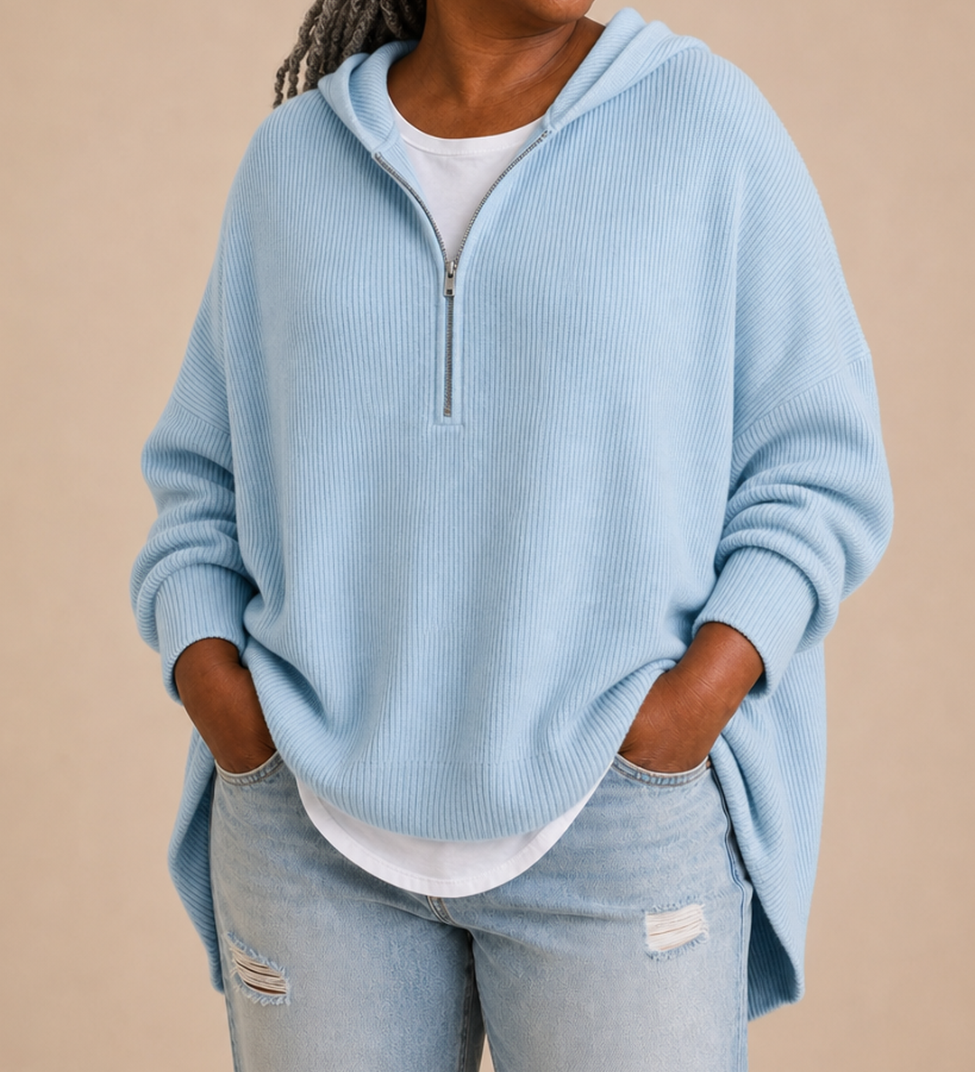 Goldie | Neulottu hupullinen poncho vetoketjulla