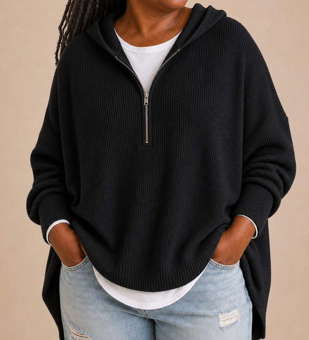 Goldie | Neulottu hupullinen poncho vetoketjulla